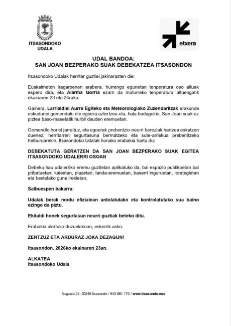 Udal-bandoa San Joan suak debekatuta